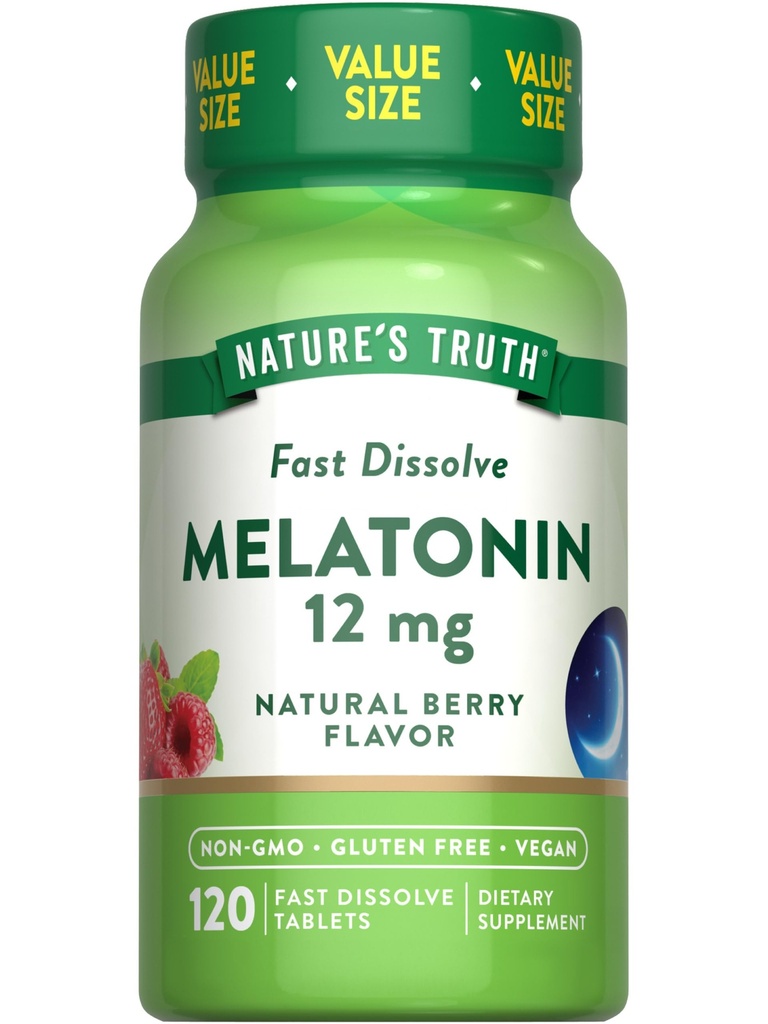 Nature 's Truth Melatonin Tablets against 124; 12mg Tex124; 120 Greve Mex124; Natural Berry Flavor Mex124; Fast Dissolution Mex124; Vegan, Non- GMO & Gluten Free Supplement
