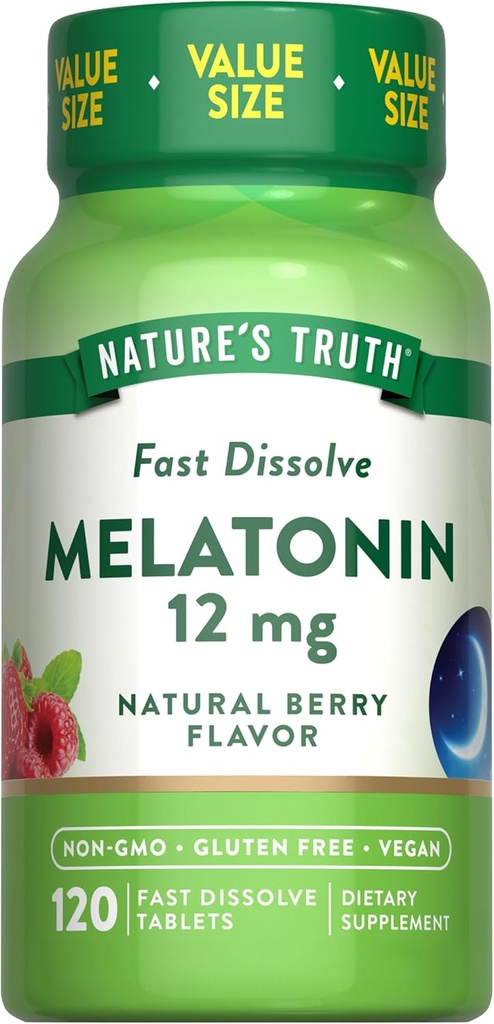Nature 's Truth Melatonin Tablets against 124; 12mg Tex124; 120 Greve Mex124; Natural Berry Flavor Mex124; Fast Dissolution Mex124; Vegan, Non- GMO & Gluten Free Supplement