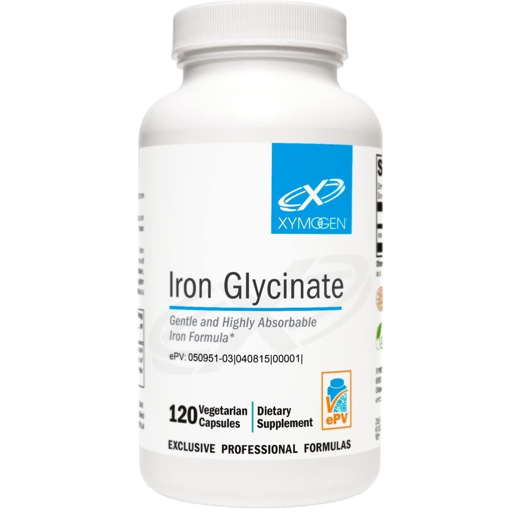 XYMOGEN Iron Glycinate Supplement - Patenteret Iron Bisglycinate Vitamin - Designet til høj absorption - Understøtter hæmoglobin & Ferritin Niveauer - Tænde på fordøjelse (120 kapsler)