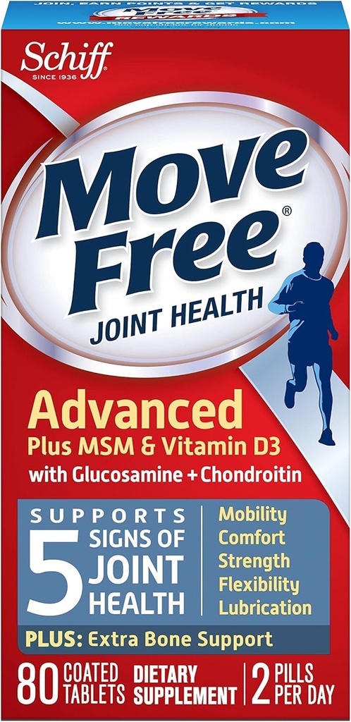 Flyt Free Advanced Glucosamin Chondroitin MSM Vitamin D3 og Hyaluronsyre Fælles tillæg, 80 Tæl
