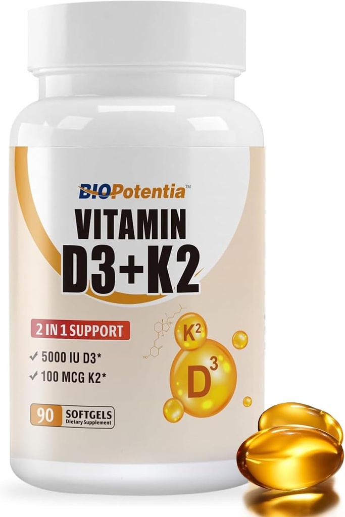 Vitamin D3 K2 (MK7) Softgel tillæg, Vitamin D3 5000 IE & K2 100MCG med MCT Oil Supplement, immunsupport, ben & tænder sundhed, Gluten- Free, Non- Gmo Beeg 124; 90 Softgels