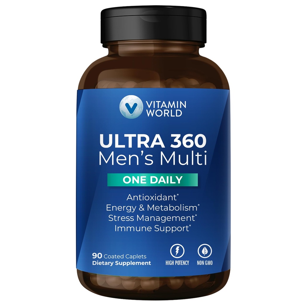 Vitamin World Ultra 360 Multivitamin til mænd én dag, Mænds Multivitamin med mineraler, urter & antioxidanter, Dagligt tillæg med vitamin A, C, D, E & Zink til energi & immunforsvar, 90 kapsler