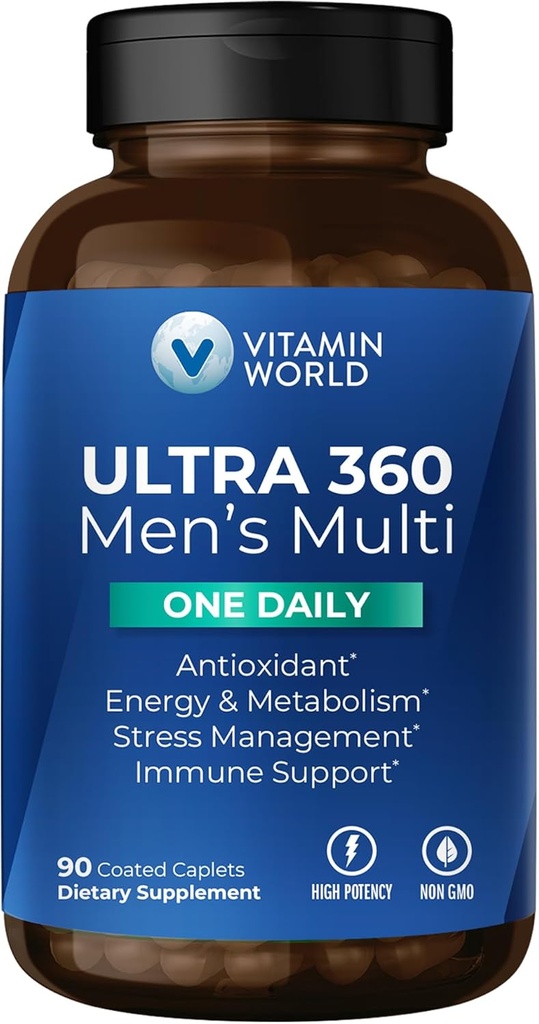 Vitamin World Ultra 360 Multivitamin til mænd én dag, Mænds Multivitamin med mineraler, urter & antioxidanter, Dagligt tillæg med vitamin A, C, D, E & Zink til energi & immunforsvar, 90 kapsler