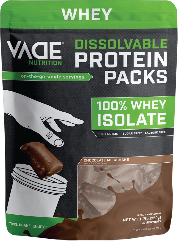 VADE Nutrition Opløselige Proteinpakker - 100% Whey Isolere Proteinpulver Chokolade Milkshake - Lav Carb, Lav kalorie, Lactose fri, Sukker fri, Fedt fri, Gluten fri - 30 Pakker til at gå