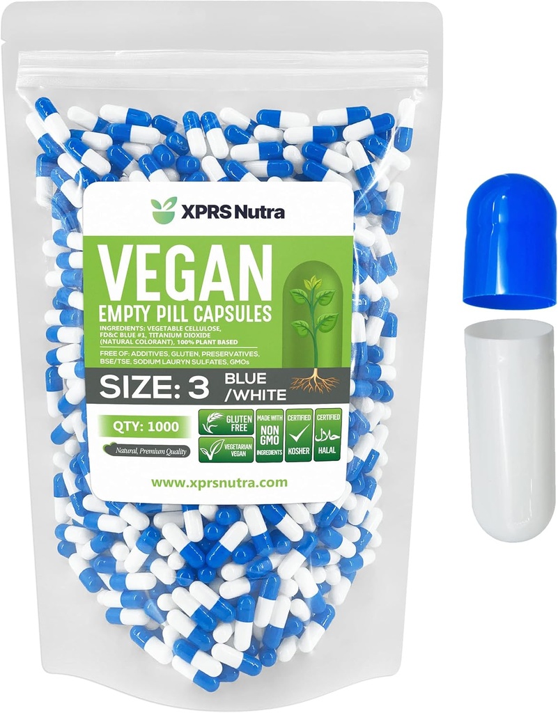 XPRS Nutra Størrelse 3 Tomme kapsler - 1000 Greve Veganske kapsler - Vegetariske piller - selv vegetabilsk Kapsel Fyldning - Veggie Pill Caps (blå / hvid)