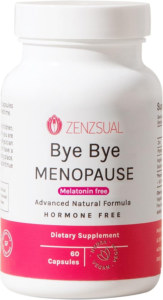 ZENZSUAL Bye Farvel Menopause Kosttilskud til kvinder - Naturlig menopause Support til Hot Flashs, Night Sweats, Mood Swings & Hormone Balance - Melatonin-Free, Vegan, Estrogen- Free Formel - 60 Kapsler