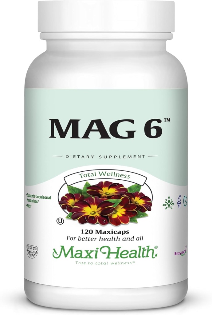 Maxi Health MAG 6 - Magnesium (as Oxide, Glycinate) with Vitamin B6 - Migraine, Muscle Cramps, Kidney Stone Support - Magnesium Supplement for Women & Men - 120 Capsules - Kosher