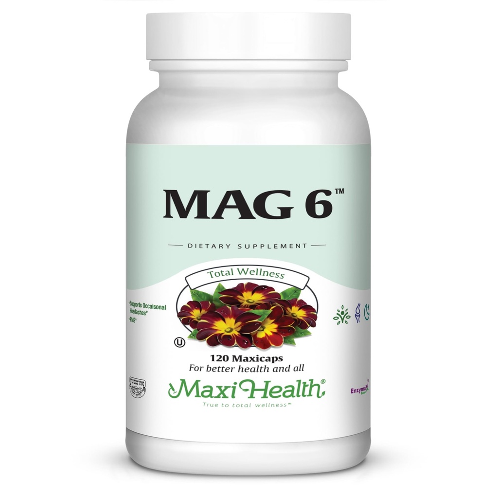 Maxi Health MAG 6 - Magnesium (som oxid, Glycinat) med vitamin B6 - Migræne, muskelkramper, Nyre Stone Support - Magnesium supplement til kvinder og mænd - 120 kapsler - Kosher