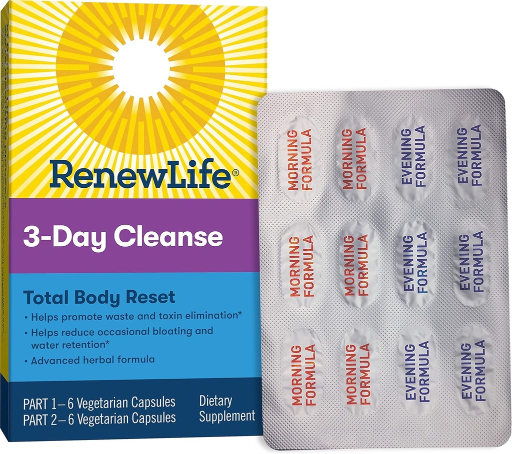 Renew Life Voksen Cleanse Total Body Reset, Advanced Herbal Formel - 2-Part, 3-Day Program - Gluten, Dairy & Soy Free - 12 vegetariske kapsler
