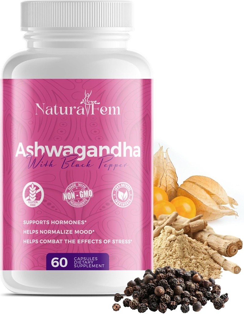 Naturalfem Ashwagandha Kosttilskud til kvinder med sort peber - Stress Management, Hormone & Mood Support - Gluten- Free, 1300 mg. 60 Vegetabilske kapsler