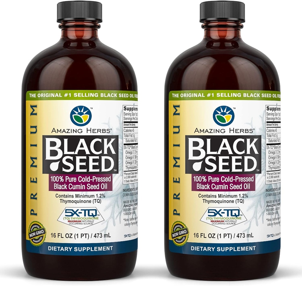 Amazing Herbs Premium Black Seed Oil - Gluten Free, Non GMO, Cold Pressed Nigella Sativa Aids in fordøjelsessygdomme, immunforsvar, hjernefunktion, fælles mobilitet - 16 Fl Oz (Pack of 2)