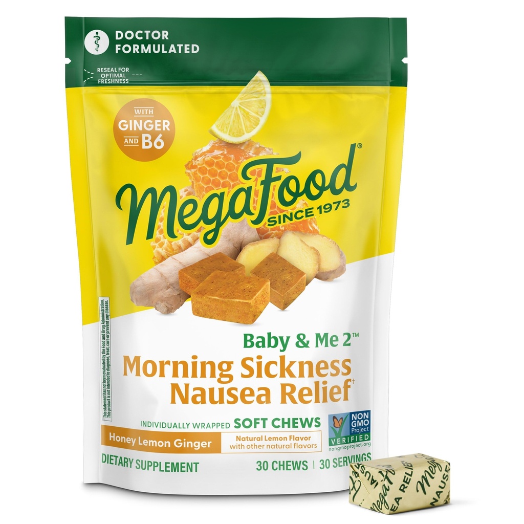 MegaFood Baby & Me Prenatal Morning Sygdom Relief, ingefær, med vitamin B6, Made without 9 Food Allergens, Honning Lemon Ginger Flavor, 30 Chews