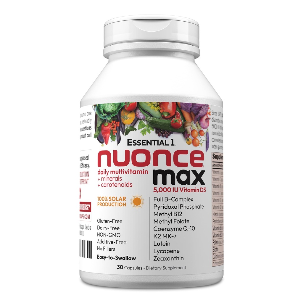 ANDREW LESSMAN Essential-1 nuonce max Multivitamin 5000 IE D3 30 små kapsler. 100 mcg methyl B12. CoQ10 Lutein Lycopene Zeaxanthin. High Potency. Ingen tilsætningsstoffer. Ultra- Mild 1 daglig kapsel