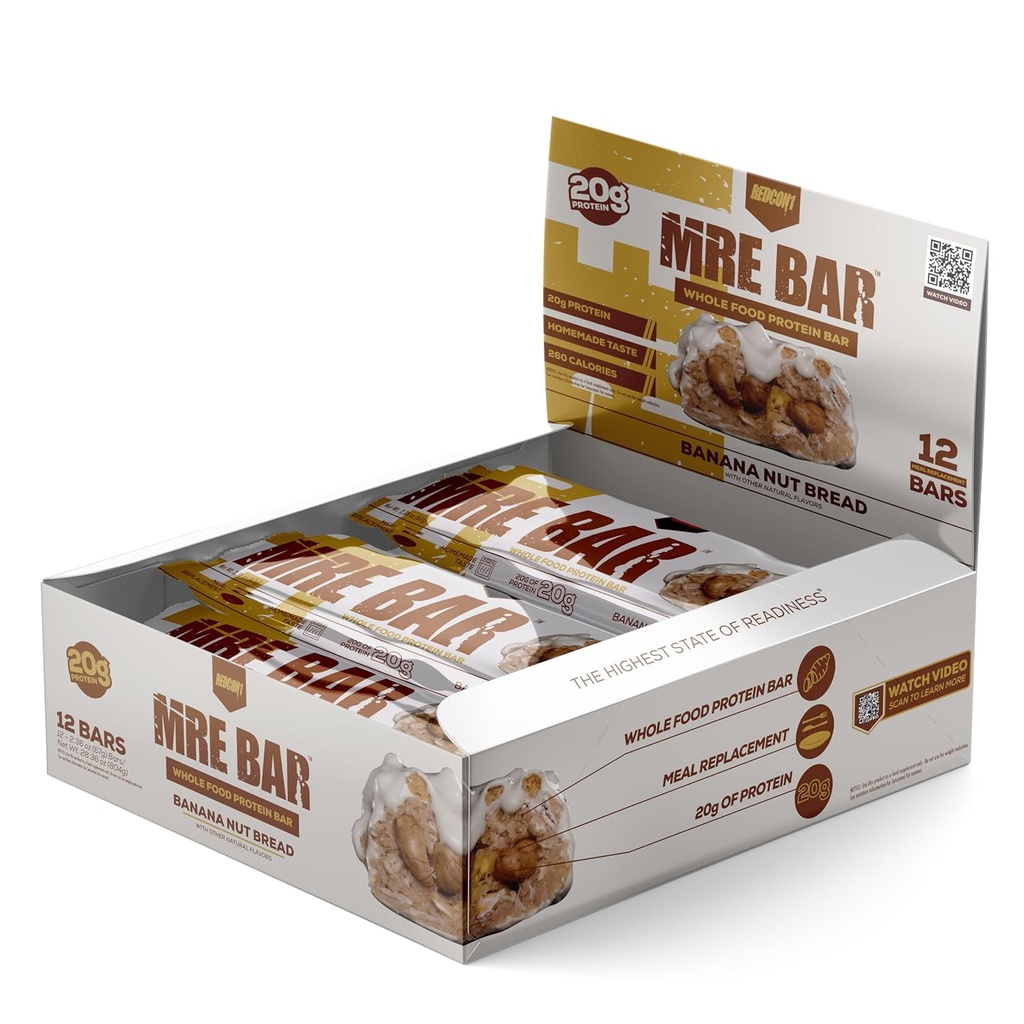 REDCON1 MRE Protein Bar, Banan Nut Brød - Indeholder MCT Oil + 20 g hel fødevare protein - let fordøjelig, Macro Balanceret Lavsukkermel erstatning Bar (12 bar)
