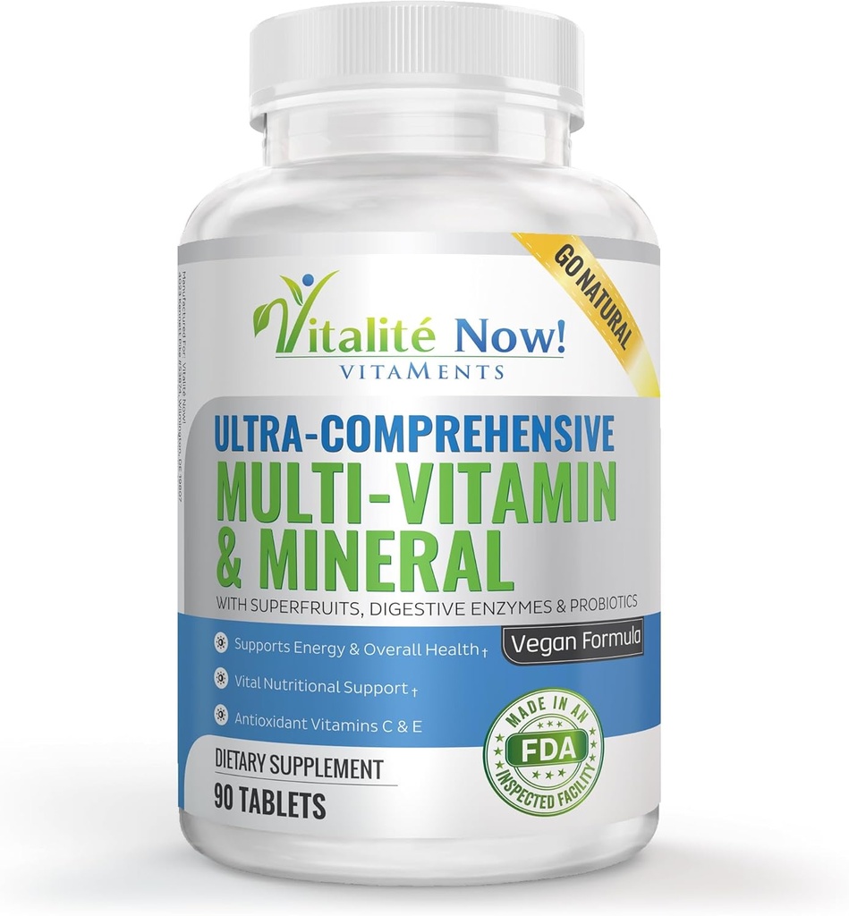 Vegansk fuldfoder Multivitamin & Mineral - Vitaminer A B1 B2 B6 B12 C D3 E & 110 Super fødevarer, urter, grønne & røde - Enzymer & Probiotika til immunforsvar - Energy Boost - 90 tabletter