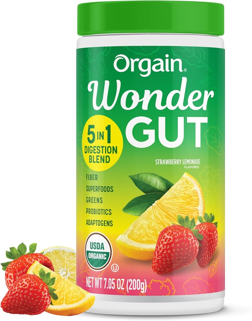 Orgain Organic Wonder Gut Fiber Supplement Pulver, 5 i 1 Blend med 1 Millioner Probiotika, Grønne, C-vitamin, Adaptogens til Gut Sundhed og Immunitet Support, Non- GMO, Jordbær Lemonade, 7.05 oz