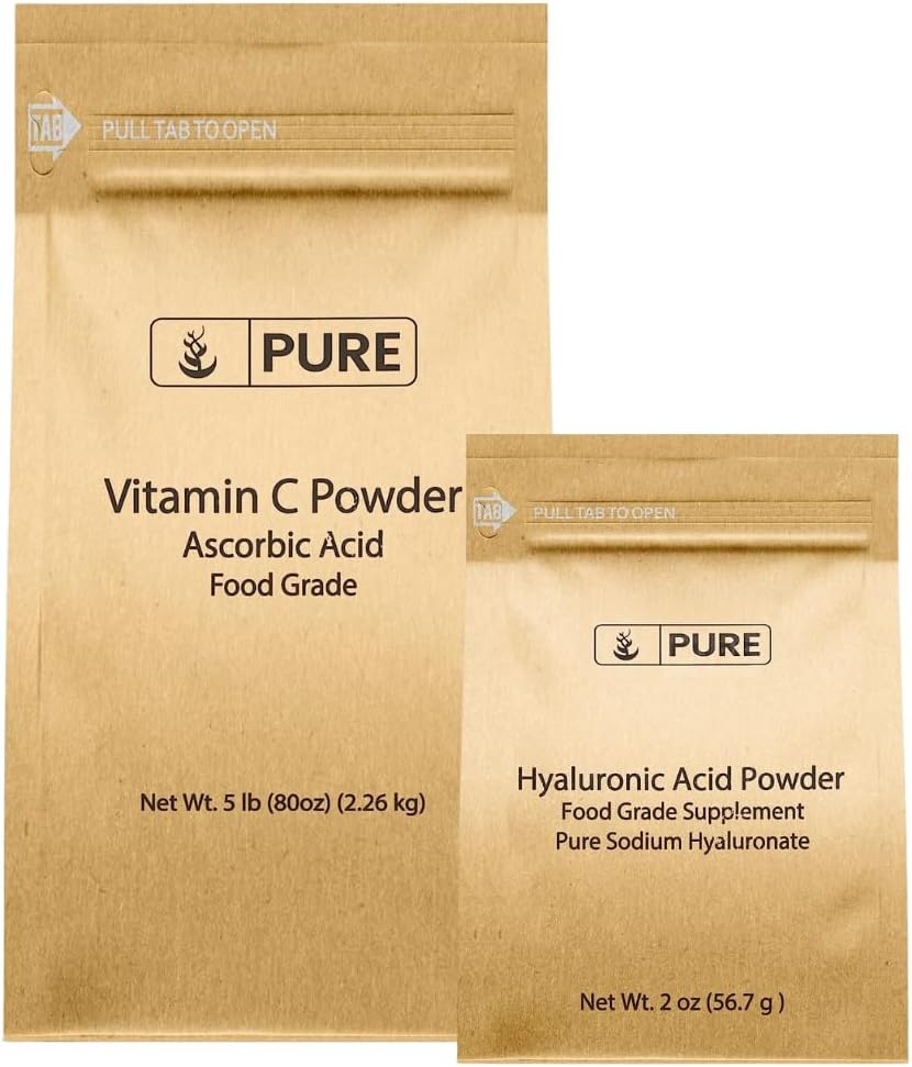 Pure Original Ingredienser C-vitamin pulver og hyaluronsyre Bundle, forskellige størrelser, fint pulver, vandopløselig