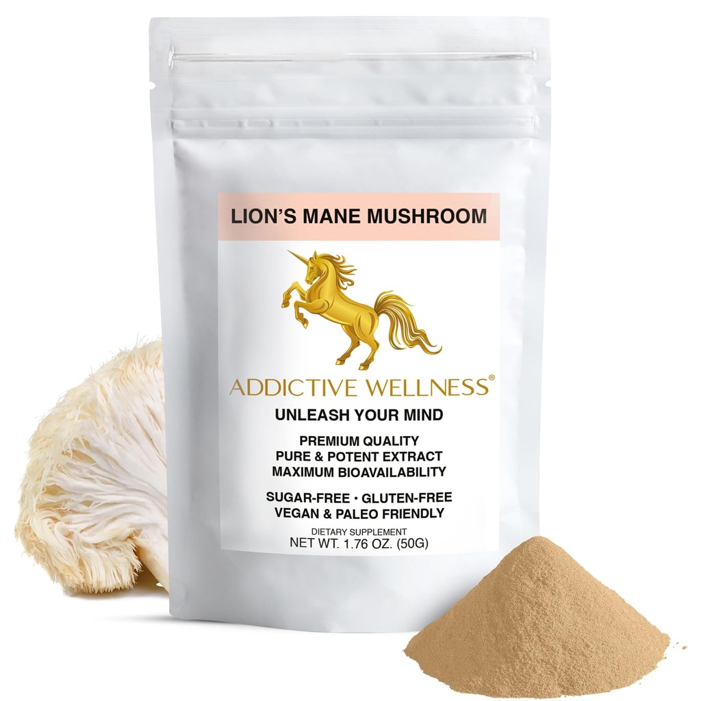 Addictive Wellness Lions Mane Supplement Powder, Premium Quality Lions Mane Mushroom Powder Dual- Extract Nootrop, Sugar Free, Vegan & Paleo Friendly Lions Mane Mushroom Supplement - 1500 mg