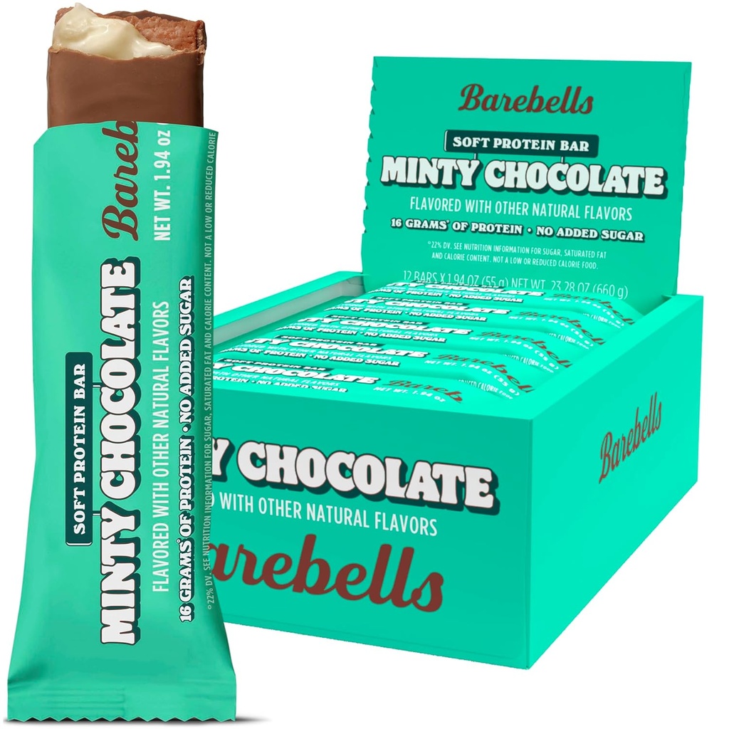 Barebells Soft Protein Bars, Minty Chocolate - 12 Greve, 16g High Protein Treats - Chokolade Nutrition Bar med 1g Total Sugars - På Go Breakfast eller Post- Workout Snack