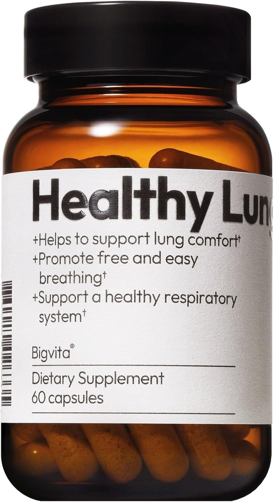 BIGVITA Lung Health Vegan Gluten Free Dietary Lung Support Supplement til Lung Detox & Rense, Respiratorisk immunforsvar & Clear Mucus & Relieve Hough, 60 kapsler