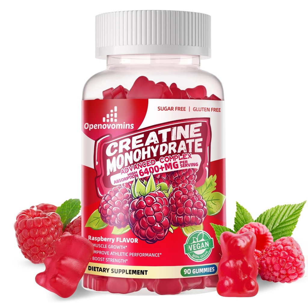 Creatin monohydrat Gummies Complex 6400mg for mænd og kvinder -Advanced Formel W / L- Taurine + vitamin B12, Sukker Free Chewable Supplement, 90 Hindbær Gummies