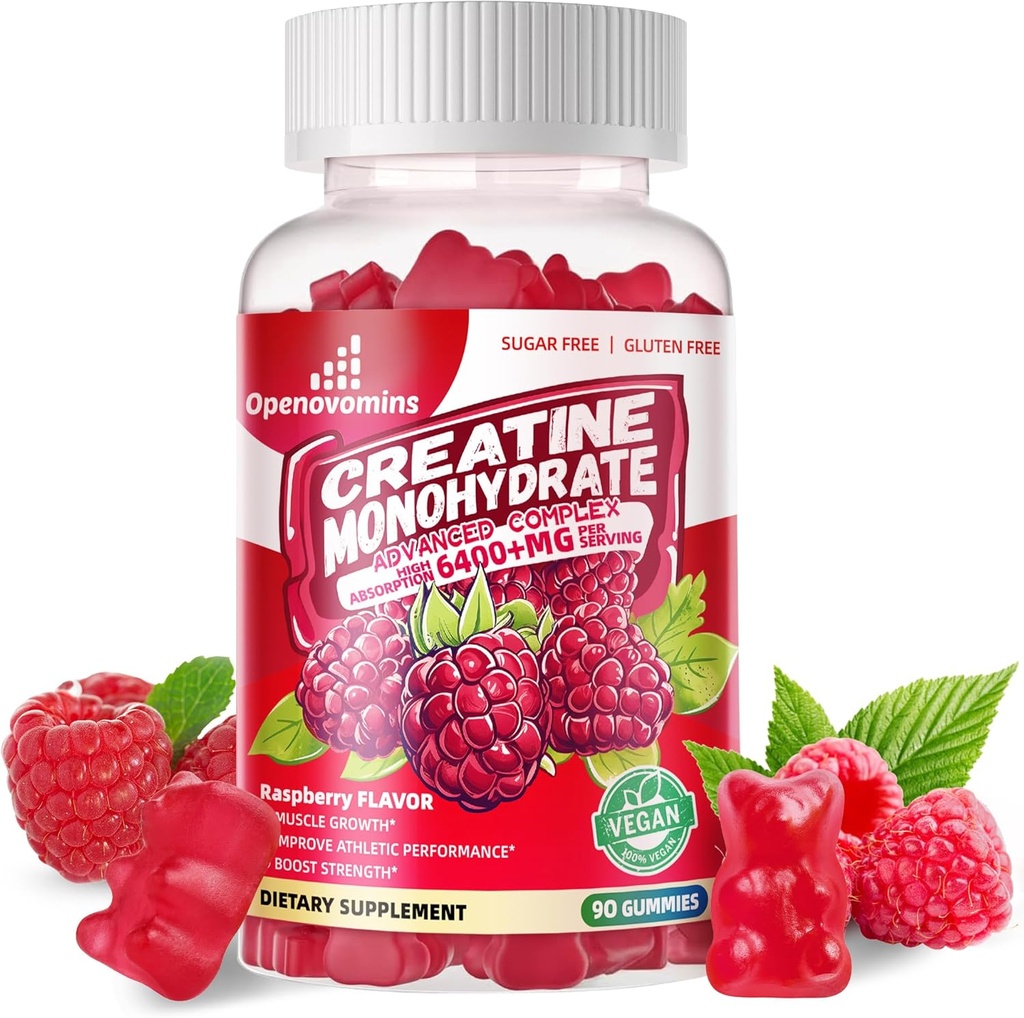 Creatin monohydrat Gummies Complex 6400mg for mænd og kvinder -Advanced Formel W / L- Taurine + vitamin B12, Sukker Free Chewable Supplement, 90 Hindbær Gummies