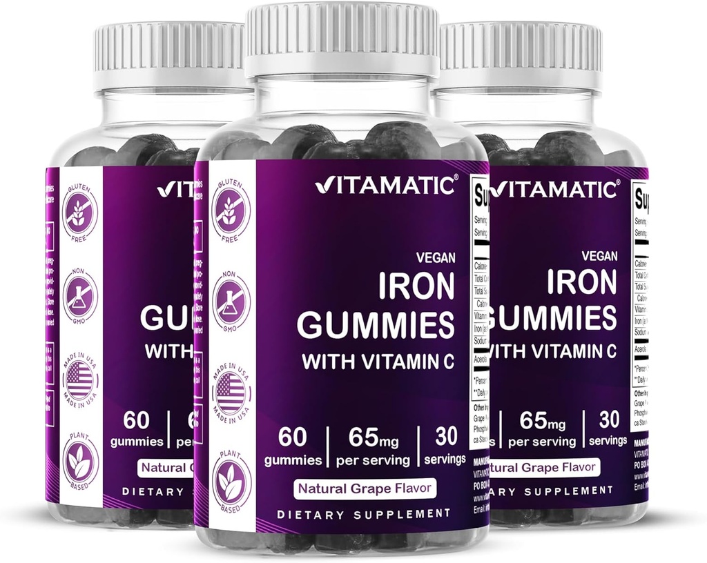 Vitamin Jern 65 mg Gummies Supplement for kvinder & mænd - 60 Vegansk Gummies - Store smagfulde jerngummivitaminer med C-vitamin (3)