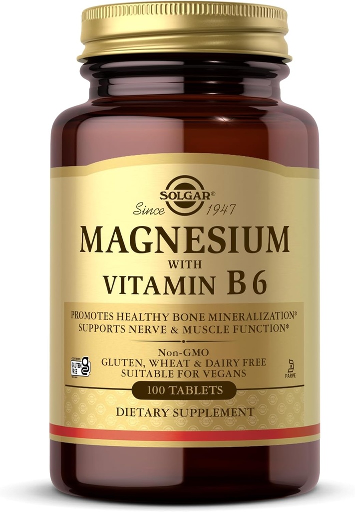 Solgar Magnesium med B6-vitamin, 100 tabletter - Promote Sund Bone Mineralization, Support Nerve & Muscle Funktion, Energy Metabolisme - Non- GMO, Vegan, Gluten Free, Dairy Free, Kosher - 33 Serveringer