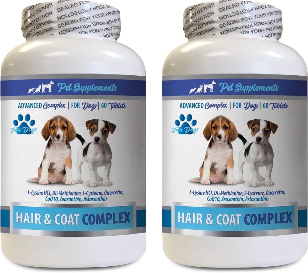 Sund Coat for Hunde Mad - Hunde Hår og Coat Complex - Avanceret hudlindring - Godt for Nails - Hunde Vitaminer for Hår - 2 flasker (120 tabletter)