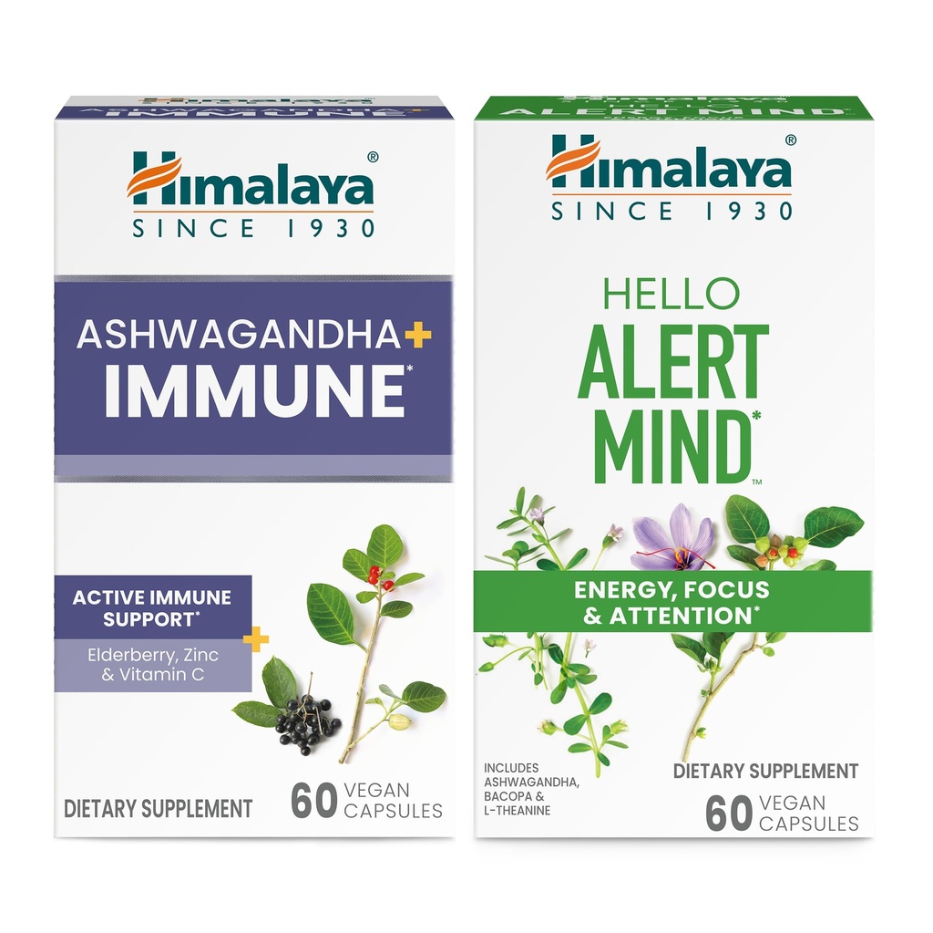 Himalaya Ashwagandha + immun med C-vitamin til aktiv immunstøtte & Hello Alert Mind for Energy, Focus & Opmærksomhed, 60 kapsler hver - Bundle
