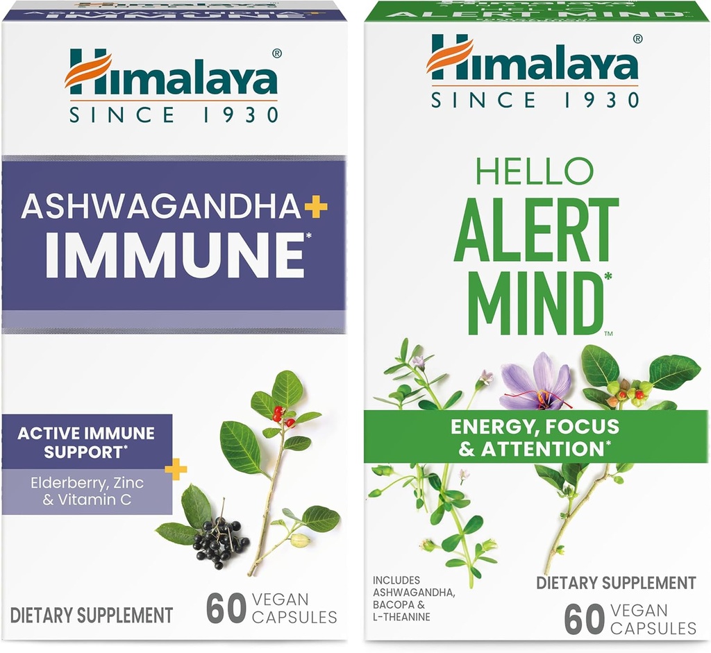 Himalaya Ashwagandha + immun med C-vitamin til aktiv immunstøtte & Hello Alert Mind for Energy, Focus & Opmærksomhed, 60 kapsler hver - Bundle