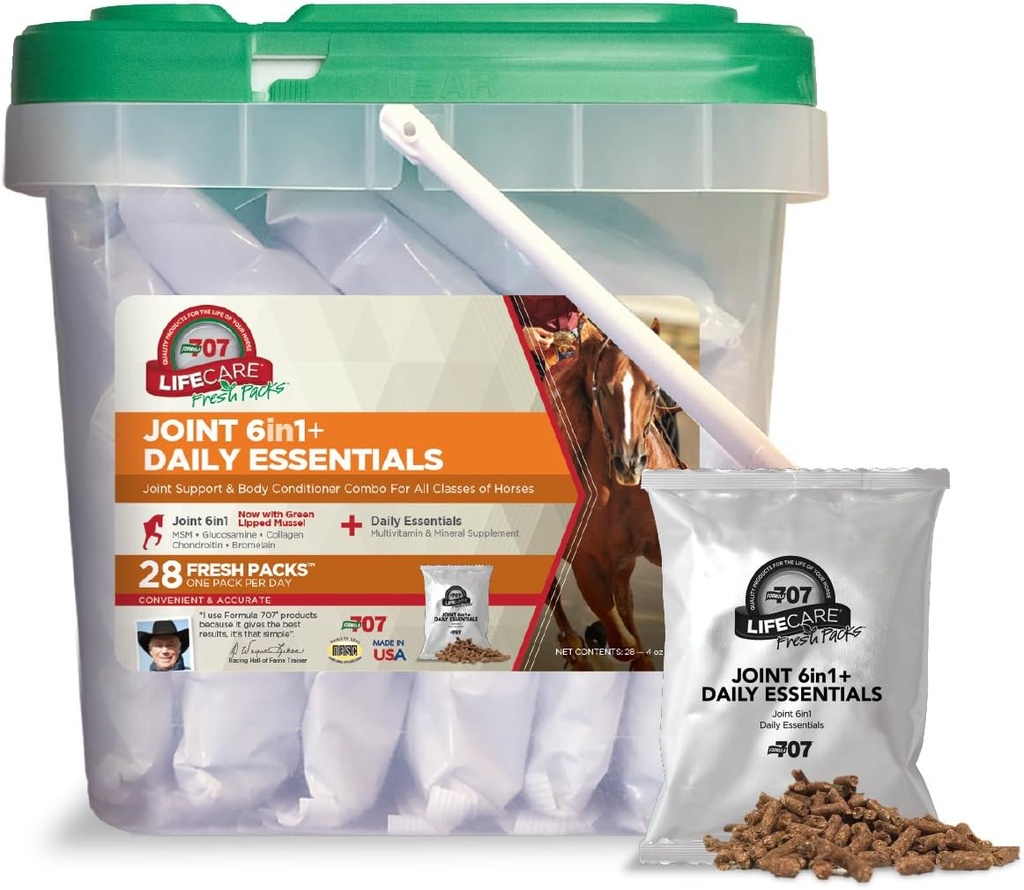 Formel 707 Joint 6in1 + Daily Essentials Combo Fresh Packs Equine Supplement, 28 Day Supply: Green- Lipped Mussel, Glucosamin, Chondroitin, Collagen, Bromelain & MSM + Komplette vitaminer