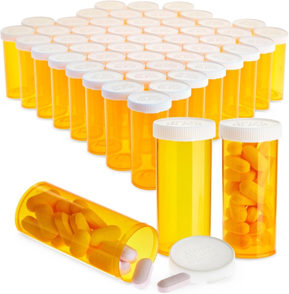 Juvale Pill Flasker med Caps - 50 Pack, 8 Dram, Orange Plastic - Tomme Pill Flasker & Hætteglas til rejse & Medical Party Dekorationer