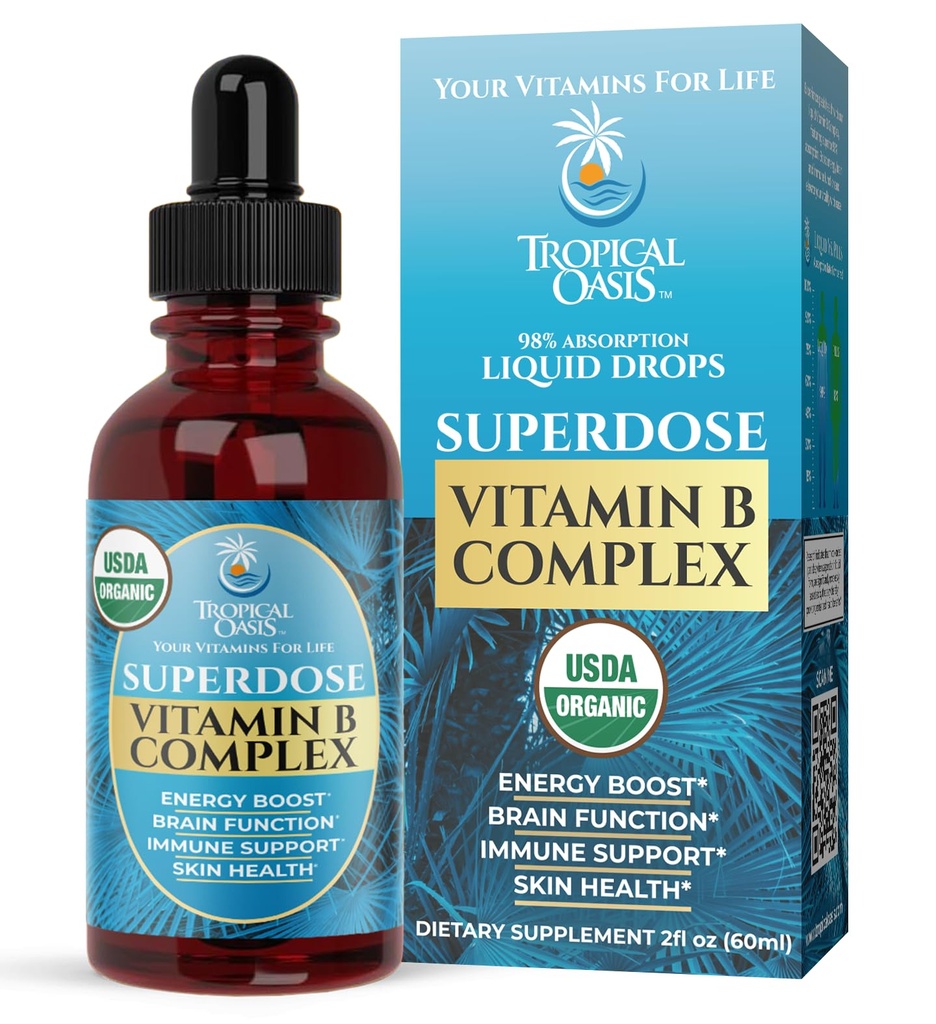 Superdose Organic Vitamin B Complex Liquid Drops Mex124; 125.000% DV Vitamin B12, B6, Biotin, Niacin, Folate Mex124; Energi, Brain Health, immunforsvar Mex124; USDA Organic, Vegan, Non- GMO Mex124; 60 Serv, 2 Mo. Supply