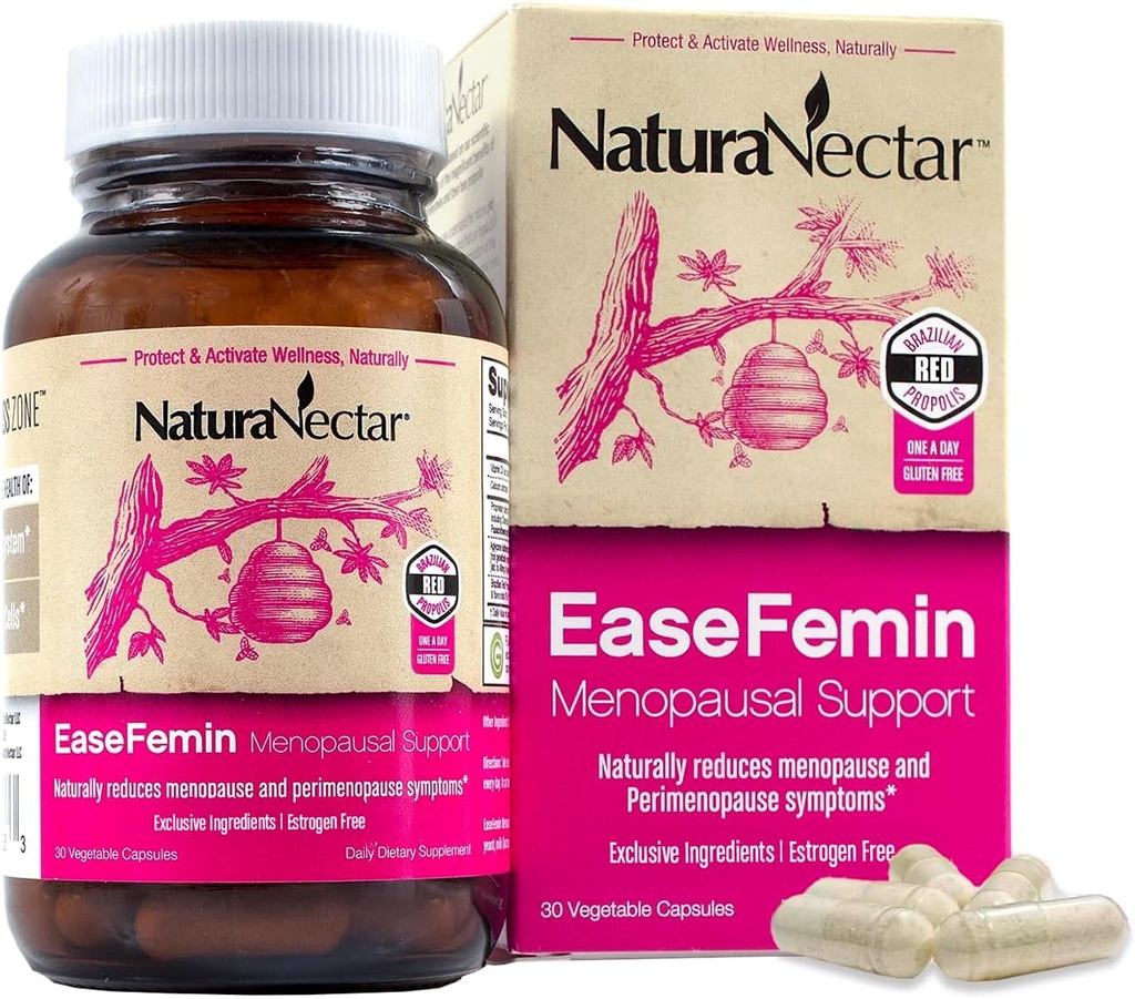 NaturaNectar - EaseFemin Menopausale Support Support for Kvinder - Estrogen- Free Red Bee Propolis Kapsler til Hot Flashs & Night Sweats - Natural og med Proprietary Calming Herbal Blend (30pcs.)