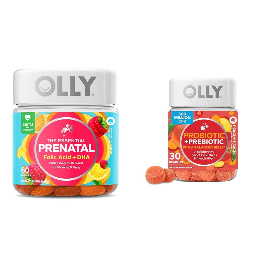 OLLY Essential Prenatal Gummy Multivitamin, 30 Day Supply (Gummies), Sweet, Folinsyre & Probiotic + Prebiotic Gummy, fordøjelsesstøtte og Gut Health, 500 Millioner CFU 'er, Fiber