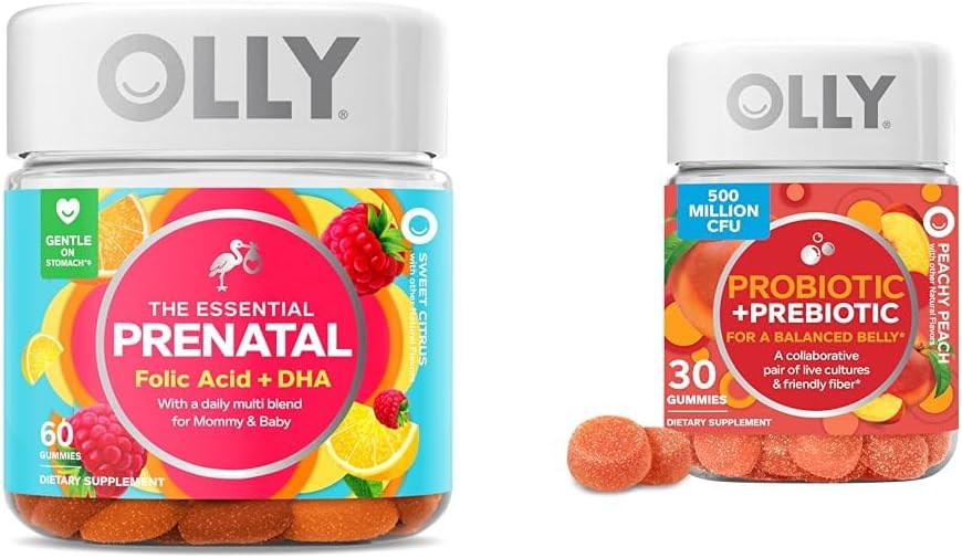 OLLY Essential Prenatal Gummy Multivitamin, 30 Day Supply (Gummies), Sweet, Folinsyre & Probiotic + Prebiotic Gummy, fordøjelsesstøtte og Gut Health, 500 Millioner CFU 'er, Fiber