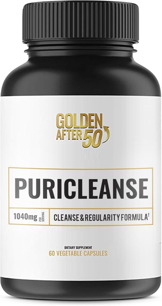 Golden Efter 50 PuriCleanse - Rengøring og regelmæssighed Support - 60 kapsler, 1040mg - Gut Cleanse og Fiber tillæg med Senna Leaf ekstrakt, Psyllium Husk pulver og probiotika til mænd og kvinder