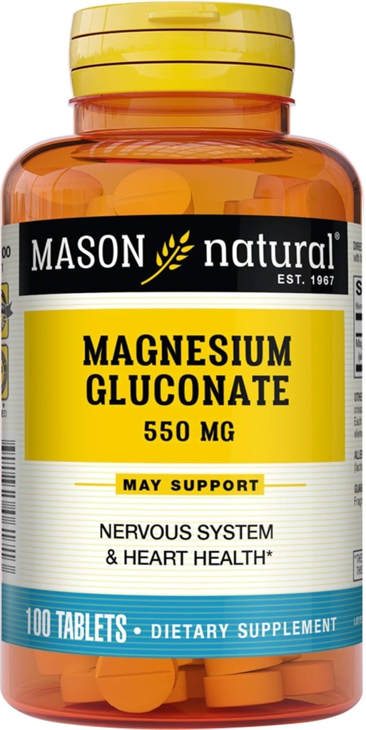 Mason Natural Magnesium Gluconate 550mg Tablets 100 Prevent Dizziness, Muscle Weakness