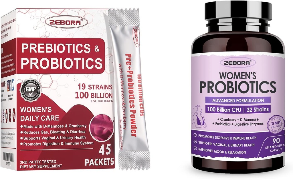 ZEBORA Probiotika-for- Kvinder 100- Billion- CFU 'er med Prebiotika, D- Mannose & Cranberry til fordøjelsesbesvær, immunforsvar, Feminin UT Health Support, Ultimate Probiotic Women' s Care, Soy & Gluten Free, 45 pakker