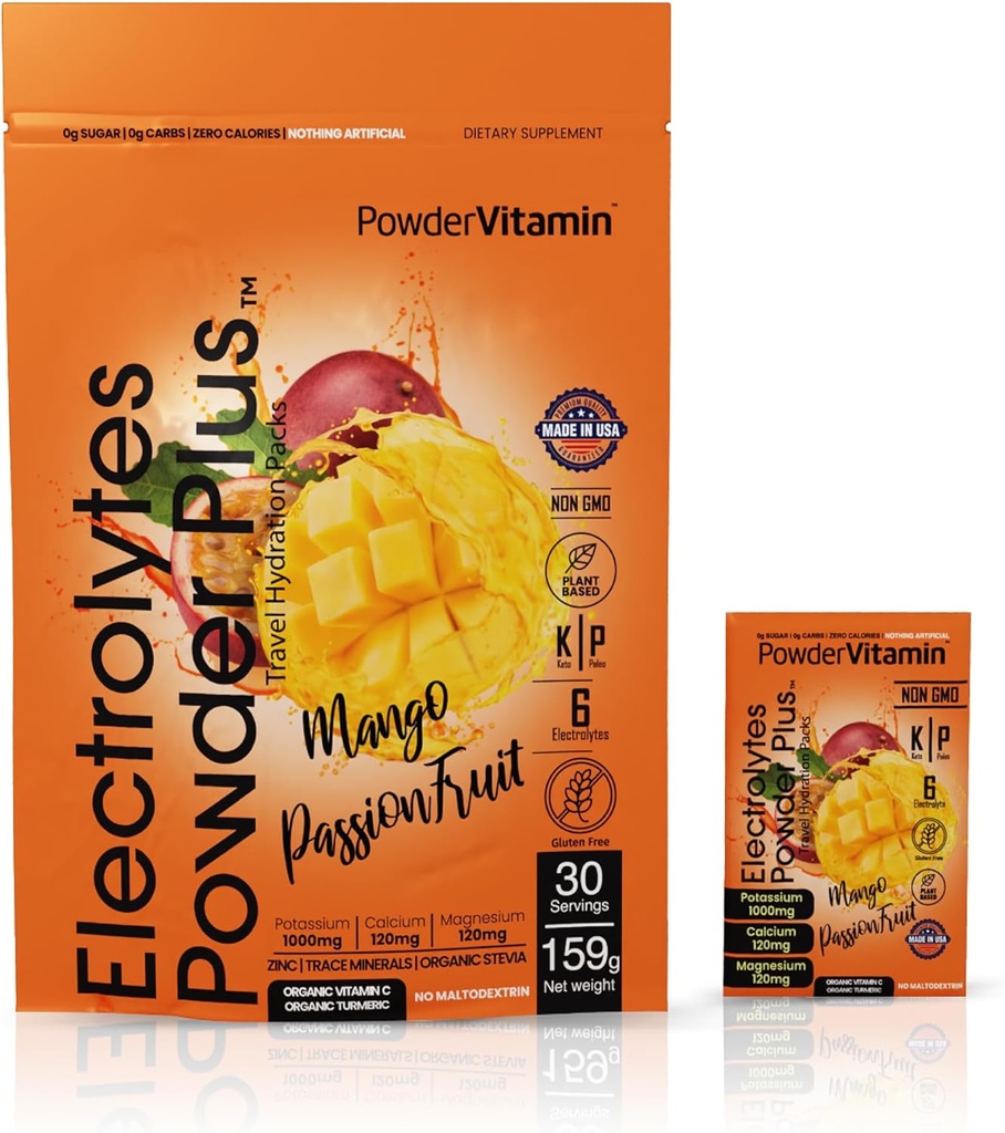 PowderVitamin Electrolytes Powder Plus, Keto, Mango Passionfruit, Sugar Free, 1000mg Kalium, 120mg Calcium, 120mg Magnesium, Non- GMO, Zero Calories, 30 Hydrationspakker