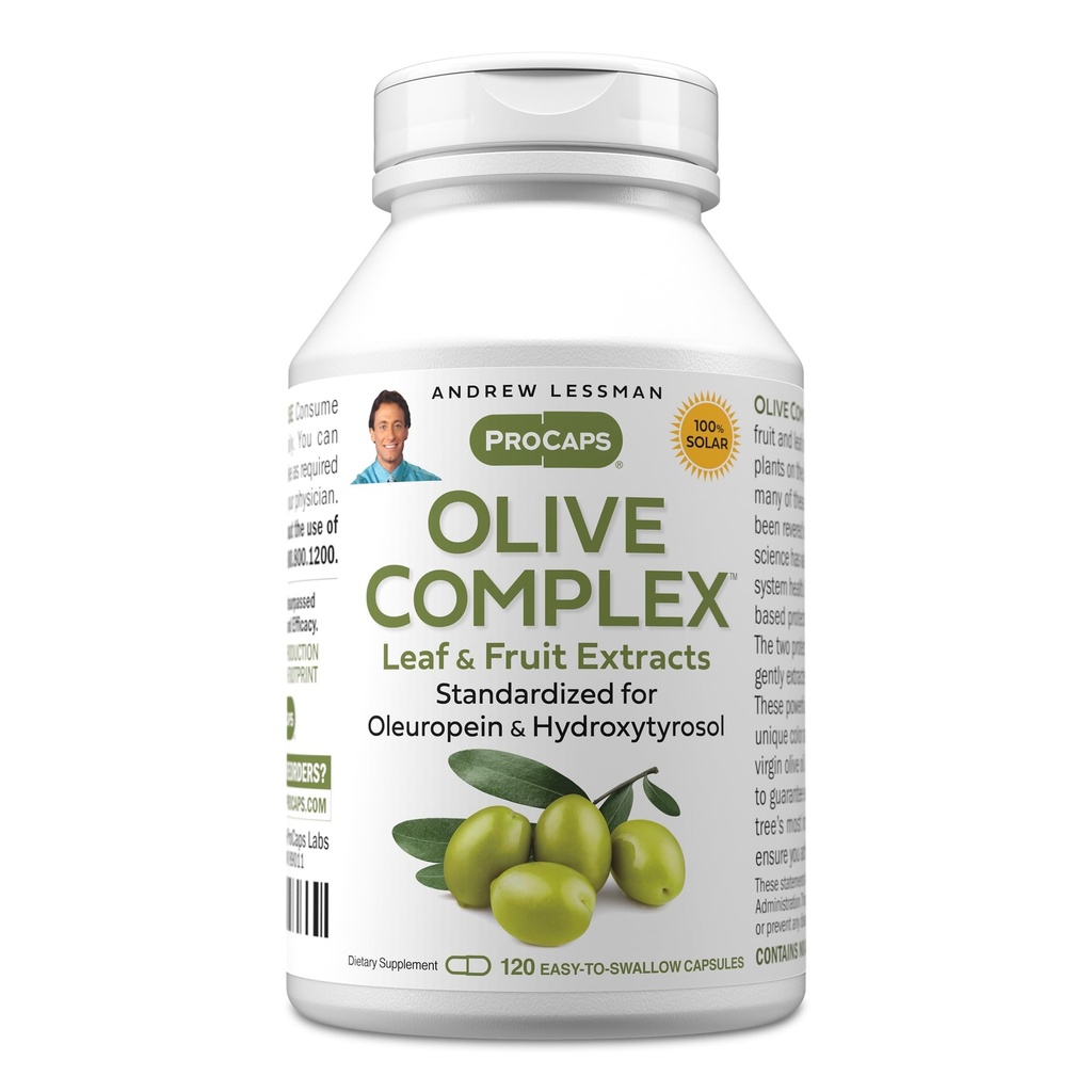 ANDREW LESSMAN Olive Complex - 120 kapsler - Leaf og frugt ekstrakter. Standardiseret for Oleuropein og Hydroxytyrosol til at understøtte kardiovaskulær og immunforsvar. Lille let at synke kapsler
