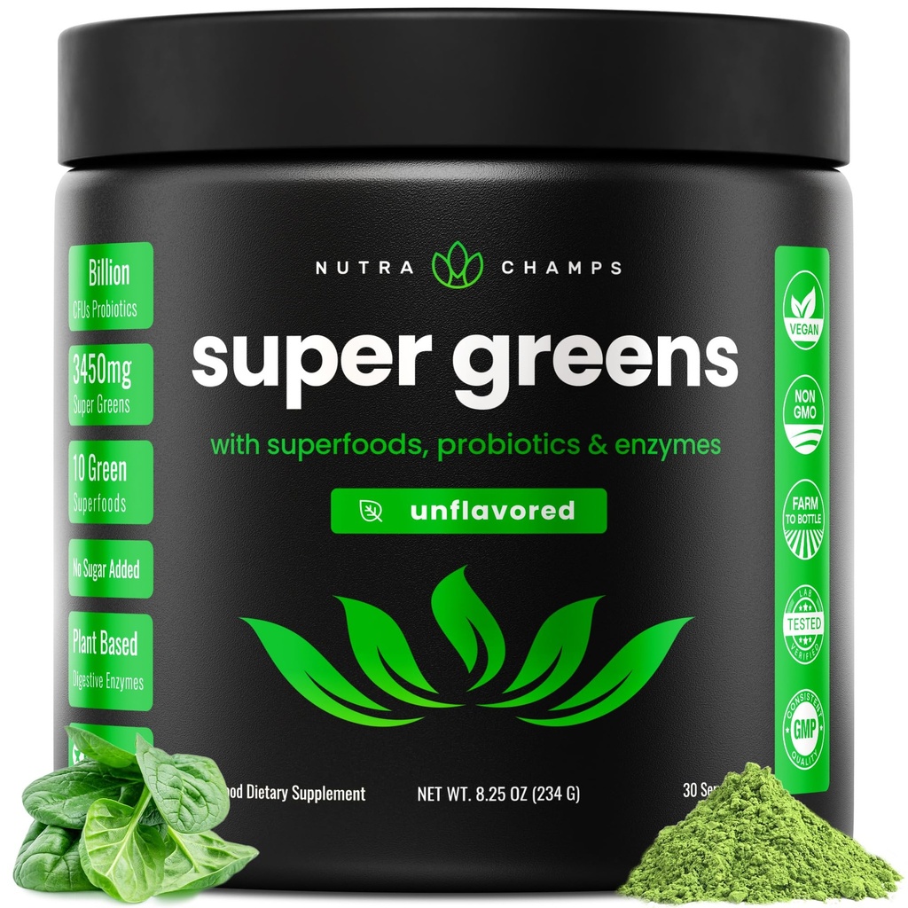 NutraChamps Super Green Powder Premium Superfood Memory 124; 20 + Organic Green Veggie Whole Foods 124; Hvedegræs, Spirulina, Chlorella Memory 124; Antioxidant, fordøjelsesmiddel Enzyme & Probiotiske blandinger (9.0 Oz, Unflavored)