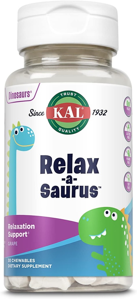 KAL relax- a- Saurus, Stress Support for Kids, L- Theanine for Children with Herbal Stress Relief & Relaxation & Blend, Lækker Natural Grape Flavor, 60- Day Garanti, 30 Chewables