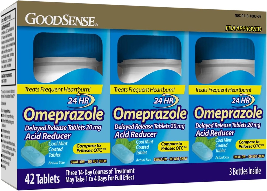 GoodSense Omeprazol Forsinkede Udgivelsesovertrukne tabletter 20 mg, Cool Mint, Treats Hyppig Heartburn, Acid Reducer, Heartburn Medicin, 42 Greve