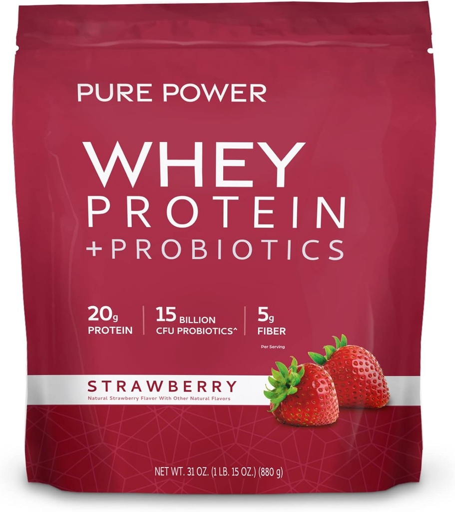 Dr. Mercola Pure Power Whey Protein + Probiotika - Understøtter muskel inddrivelse & fordøjelsessundhed - Pastorer- Raised Whey - MCTs & Fiber - Vanilla - 31 oz (22 Servere) - Jordbær