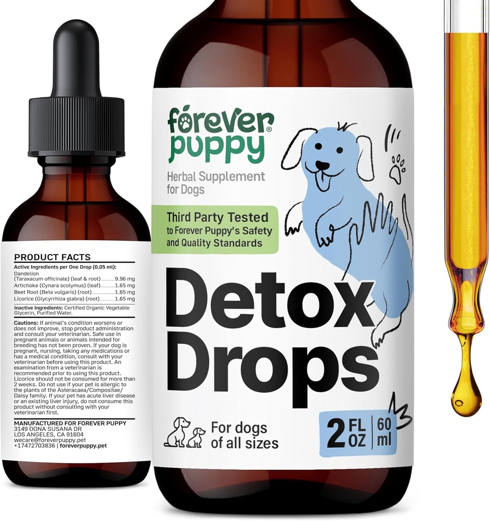 Forever Puppy Detox Drops til hunde - Mælkebøtte Root & Mælkebøtte Leaf tinktur til lever og Nyre Support - Herbal Detox & Antioxidant Support Support til hunde af alle racer & størrelser - 2 fl oz