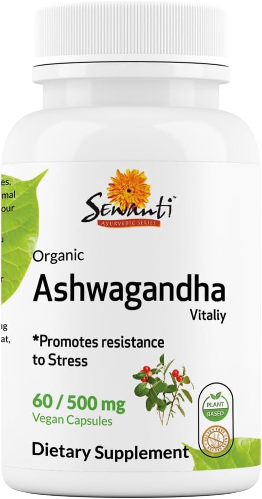 Sewanti Organic Ashwagandha kapsler - Natural Stress Relief & Energy Boost - Kosttilskud High Potency Extract 60 Vegan kapsler - 500mg