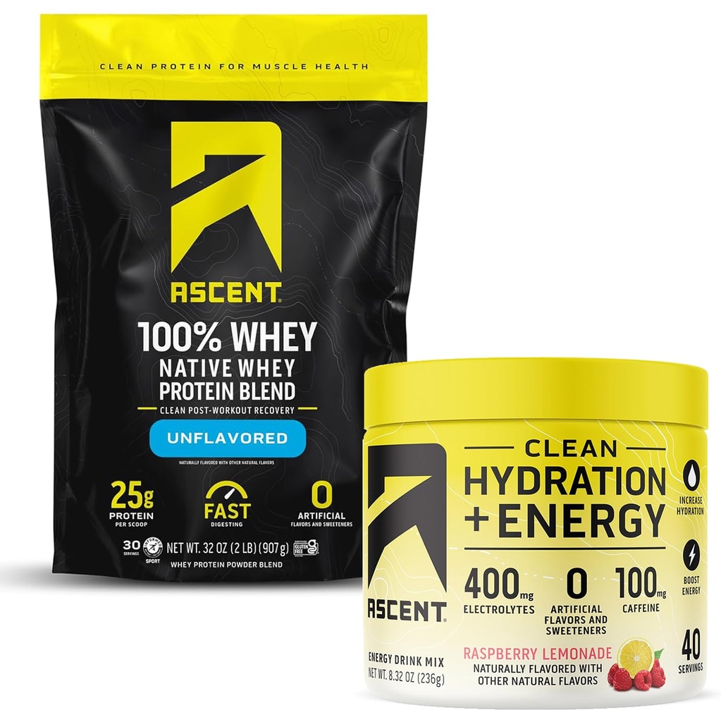Duft 100% Whey Protein Powder, Unflavored 2 LB & Hydration + Energy Electrolytes, Raspberry Lemonade 40 Servere