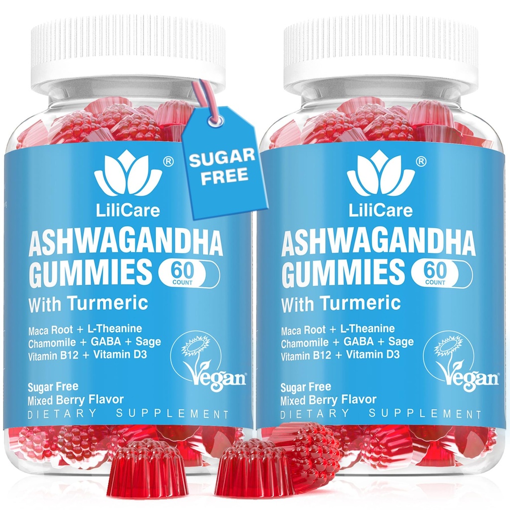 Ashwagandha Gummies 2000mg for kvinder Mænd - Sugar Free, Vegan - Organic Ashwagandha Root Extract Kosttilskud Gummy & Vitamin D3, B12 og Gurkemeje, Promote Relaxation, Blandet Berry Flavor, 120 Greve